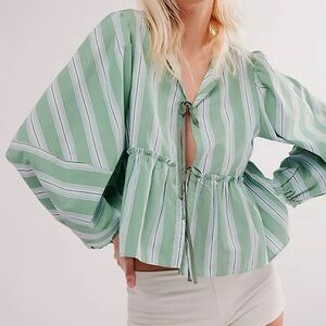 Free People Brunch Babe Green Striped Blouse